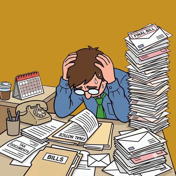 A business owner under pressure from a desk full of unopened bills, tax documents, and final notices.