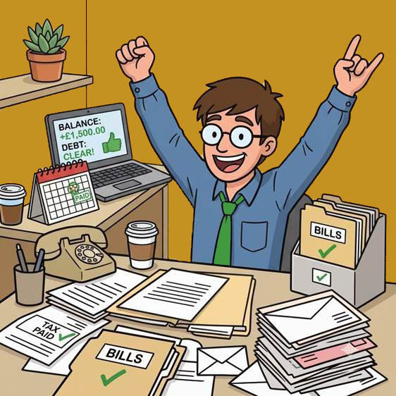 A relieved business owner at a clear desk, tax paid and bills settled, debt balance showing clear.